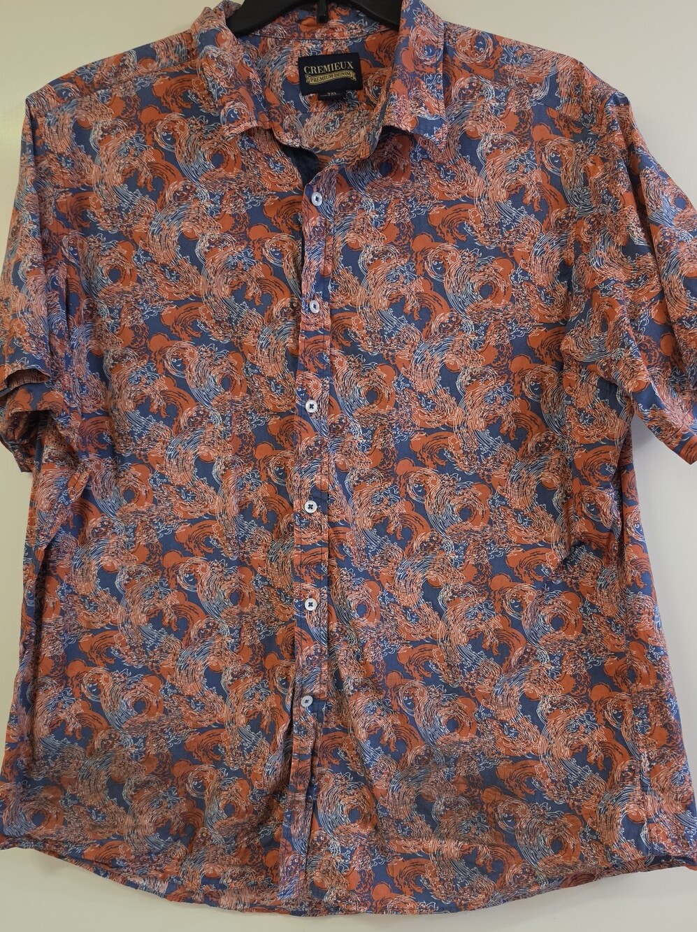 Cremieux Short-Sleeve Button-Down Shirt in Orange and Blue Wave Print